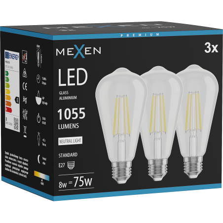 Mexen Vintis 3x Λάμπα νήματος LED E27, ST64, 8W, Ουδέτερη - 4000K, 1055 lm, διαφανής
