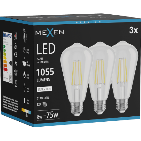 Mexen Vintis 3x LED filament gloeilamp E27, ST64, 8W, Neutraal - 4000K, 1055 lm, helder - L152-E27-0840-00x03