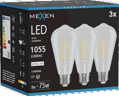 Mexen Vintis 3x LED kvēldiega spuldze E27, ST64, 8W, Neitrāla - 4000K, 1055 lm, caurspīdīga - L152-E27-0840-00x03