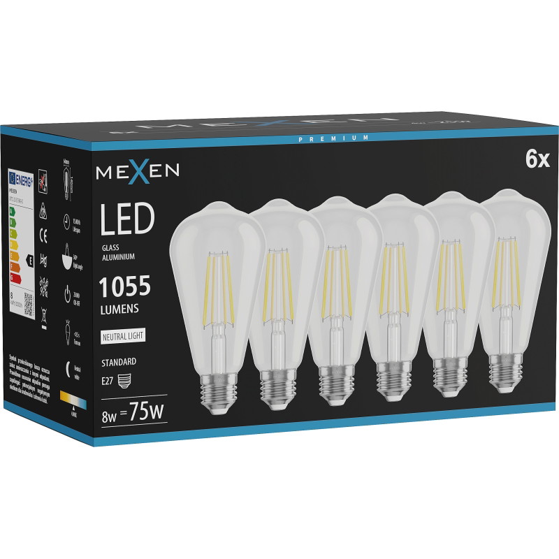 Mexen Vintis 6x LED filamentlampa E27, ST64, 8W, Neutral - 4000K, 1055 lm, klar - L152-E27-0840-00x06