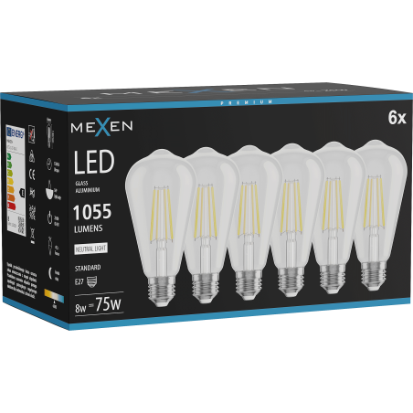 Mexen Vintis 6x LED filamenta spuldze E27, ST64, 8W, Neitrāla - 4000K, 1055 lm, caurspīdīga - L152-E27-0840-00x06