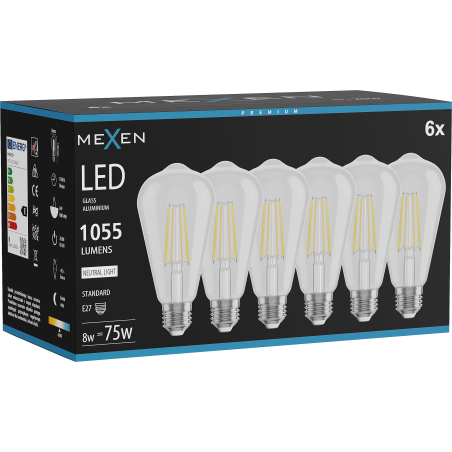 Mexen Vintis 6x LED filamentlampa E27, ST64, 8W, Neutral - 4000K, 1055 lm, klar - L152-E27-0840-00x06