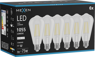 Mexen Vintis 6x LED filamentlamp E27, ST64, 8W, Neutraal - 4000K, 1055 lm, läbipaistev - L152-E27-0840-00x06