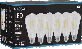 Mexen Vintis 6x żarówka filament LED E27, ST64, 8W, Neutralna - 4000K, 1055 lm, clear - L152-E27-0840-00x06