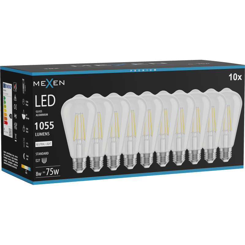 Mexen Vintis 10x LED filamenta spuldze E27, ST64, 8W, Neitrāla - 4000K, 1055 lm, caurspīdīga - L152-E27-0840-00x10