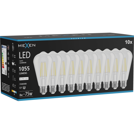 Mexen Vintis 10x Lampadina a filamento LED E27, ST64, 8W, Neutro - 4000K, 1055 lm, chiaro - L152-E27-0840-00x10