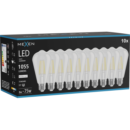 Mexen Vintis 10x LED filamenta spuldze E27, ST64, 8W, Neitrāla - 4000K, 1055 lm, caurspīdīga - L152-E27-0840-00x10