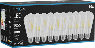 Mexen Vintis 10x LED-filamentpirn E27, ST64, 8W, Neutraalne - 4000K, 1055 lm, läbipaistev - L152-E27-0840-00x10