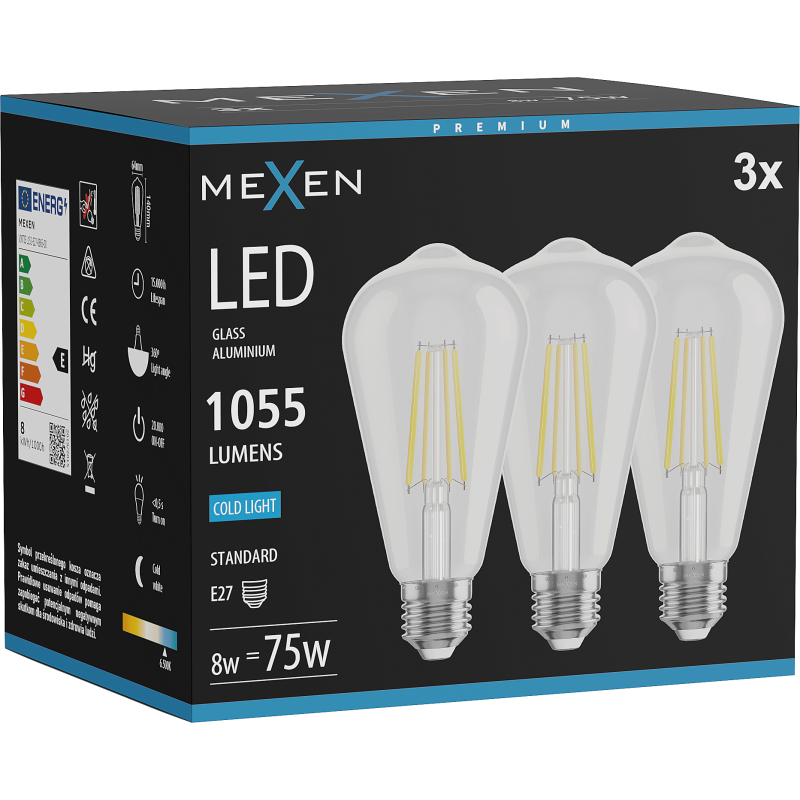 Mexen Vintis 3x LED filament žarnica E27, ST64, 8W, Hladna - 6500K, 1055 lm, prozorna - L152-E27-0865-00x03