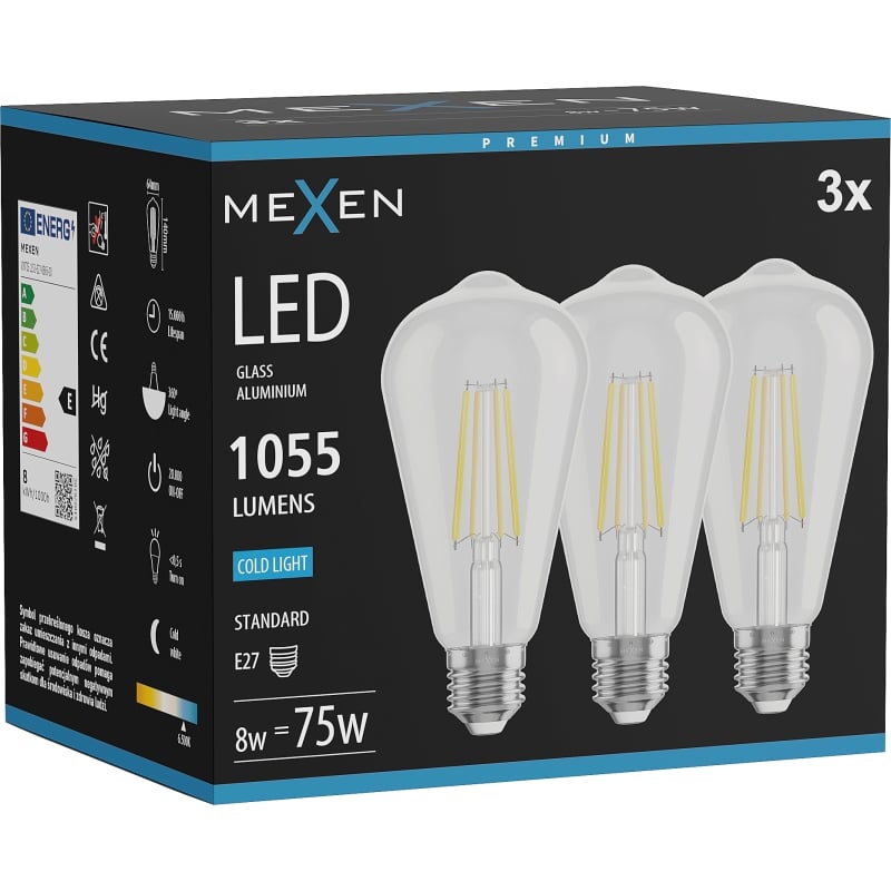 Mexen Vintis 3x LED Filamentlamp E27, ST64, 8W, Koud - 6500K, 1055 lm, helder - L152-E27-0865-00x03