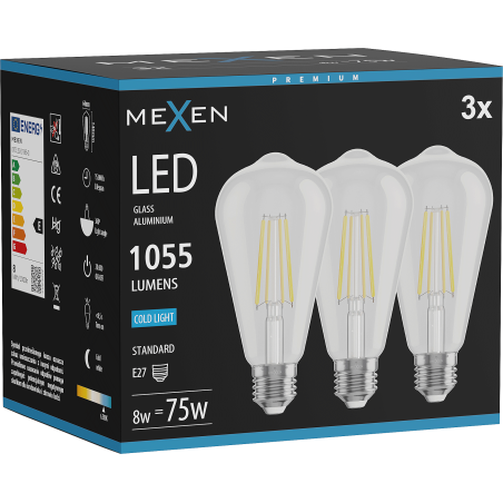 Mexen Vintis 3x Lampadina a filamento LED E27, ST64, 8W, Fredda - 6500K, 1055 lm, chiara - L152-E27-0865-00x03