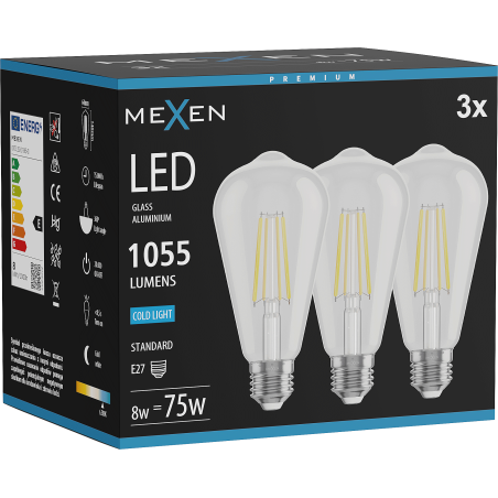 Mexen Vintis 3x LED E27 kvēldiega spuldze, ST64, 8W, Auksta - 6500K, 1055 lm, caurspīdīga - L152-E27-0865-00x03