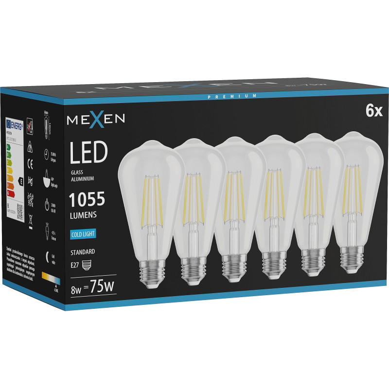 Mexen Vintis 6x żarówka filament LED E27, ST64, 8W, Zimna - 6500K, 1055 lm, clear - L152-E27-0865-00x06