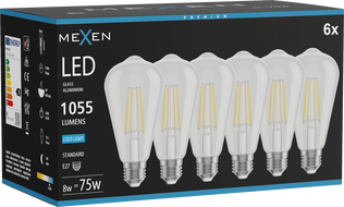 Mexen Vintis 6x LED filament žarnica E27, ST64, 8W, Hladna - 6500K, 1055 lm, prozorna - L152-E27-0865-00x06