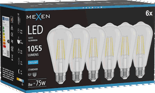 Mexen Vintis 6x LED filamenta spuldze E27, ST64, 8W, Auksta - 6500K, 1055 lm, caurspīdīgs - L152-E27-0865-00x06