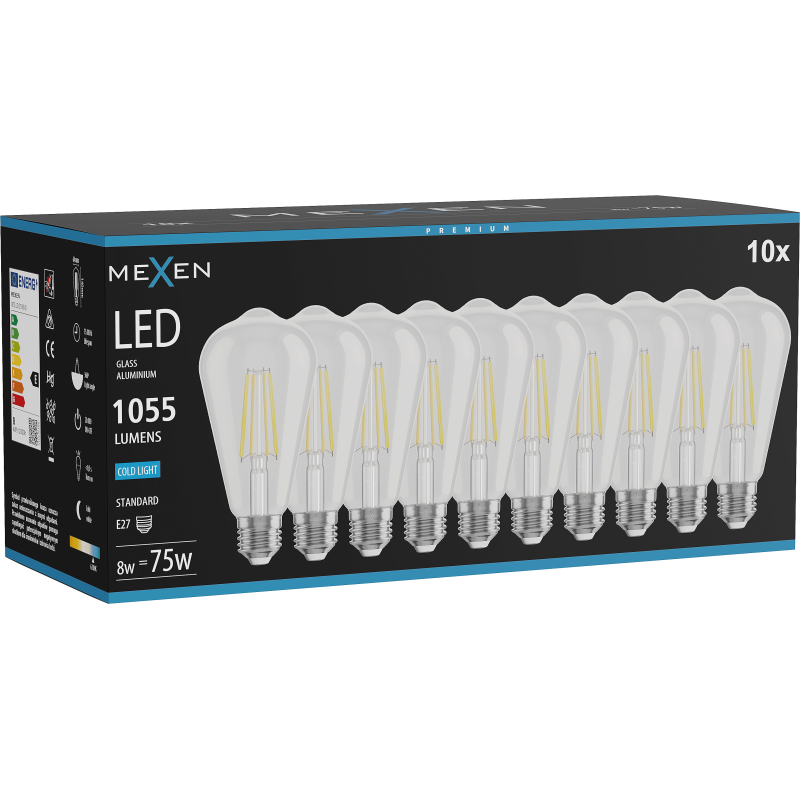 Mexen Vintis 10x Filamenta LED spuldze E27, ST64, 8W, Aukstā - 6500K, 1055 lm, caurspīdīga - L152-E27-0865-00x10