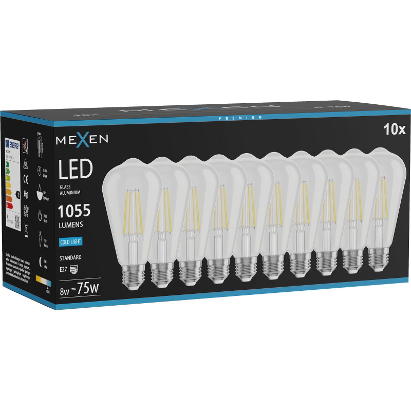 Mexen Vintis 10x LED filamentlamp E27, ST64, 8W, Koud - 6500K, 1055 lm, helder - L152-E27-0865-00x10