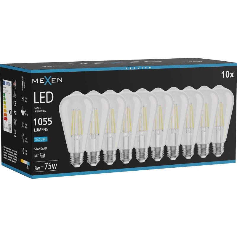 Mexen Vintis 10x żarówka filament LED E27, ST64, 8W, Zimna - 6500K, 1055 lm, clear - L152-E27-0865-00x10