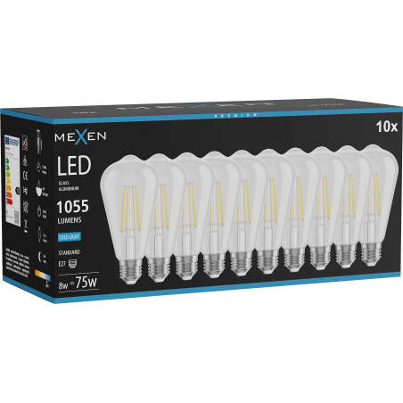 Mexen Vintis 10x Filamenta LED spuldze E27, ST64, 8W, Aukstā - 6500K, 1055 lm, caurspīdīga - L152-E27-0865-00x10