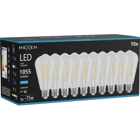 Mexen Vintis 10x LED-Filament-Glühbirne E27, ST64, 8W, Kalt - 6500K, 1055 lm, klar - L152-E27-0865-00x10