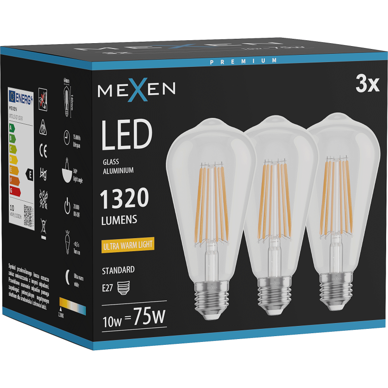 Mexen Vintis 3x Filament LED Bulb E27, ST64, 10W, Warm - 2200K, 1320 lm, clear - L152-E27-1022-00x03