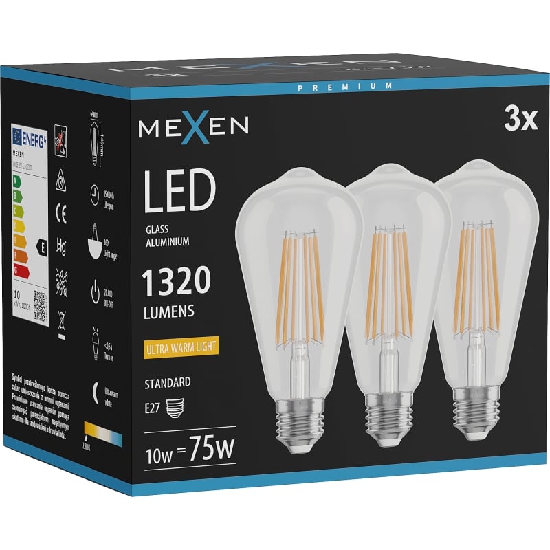 Mexen Vintis 3x LED filamentlampa E27, ST64, 10W, Varm - 2200K, 1320 lm, klar - L152-E27-1022-00x03