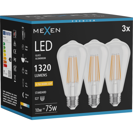 Mexen Vintis 3x LED filamentlampa E27, ST64, 10W, Varm - 2200K, 1320 lm, klar - L152-E27-1022-00x03