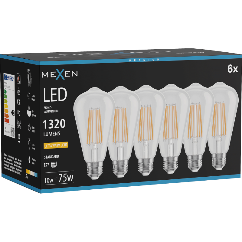 Mexen Vintis 6x Λάμπα Filament LED E27, ST64, 10W, Ζεστό - 2200K, 1320 lm, Διάφανο - L152-E27-1022-00x06