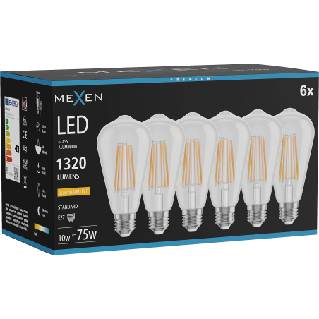 Mexen Vintis 6x Λάμπα Filament LED E27, ST64, 10W, Ζεστό - 2200K, 1320 lm, Διάφανο - L152-E27-1022-00x06