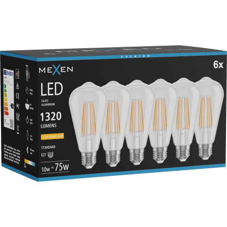 Mexen Vintis 6x LED-Filament-Glühbirne E27, ST64, 10W, Warm - 2200K, 1320 lm, klar - L152-E27-1022-00x06