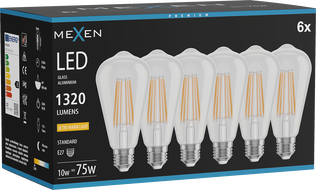 Mexen Vintis 6x LED Filament Bulb E27, ST64, 10W, Warm - 2200K, 1320 lm, clear - L152-E27-1022-00x06