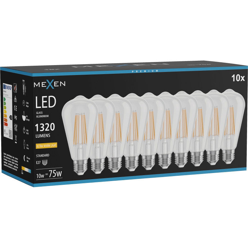 Mexen Vintis 10x Bombilla LED de filamento E27, ST64, 10W, Cálida - 2200K, 1320 lm, transparente - L152-E27-1022-00x10