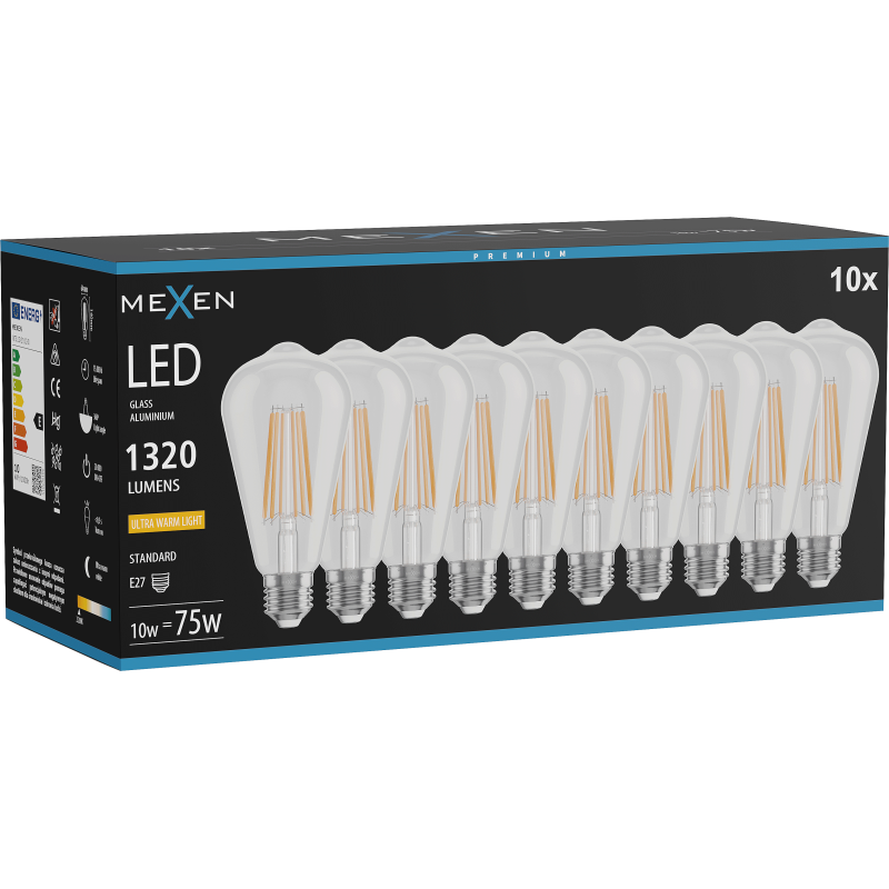 Mexen Vintis 10x Filamenta LED spuldze E27, ST64, 10W, Silta - 2200K, 1320 lm, caurspīdīga - L152-E27-1022-00x10