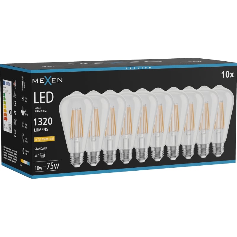Mexen Vintis 10x LED filamentlampa E27, ST64, 10W, Varm - 2200K, 1320 lm, klar - L152-E27-1022-00x10