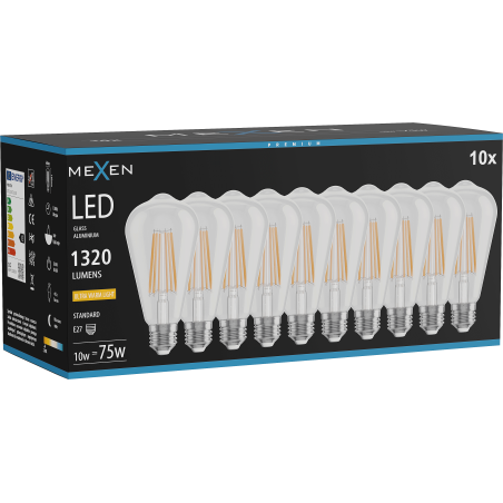 Mexen Vintis 10x Λαμπτήρας LED Filament E27, ST64, 10W, Θερμό - 2200K, 1320 lm, διάφανο