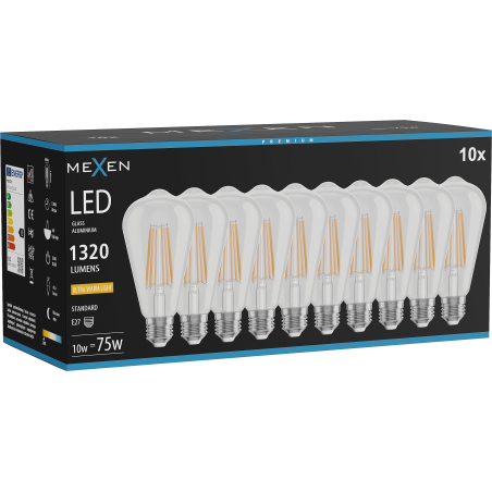 Mexen Vintis 10x LED filamentlampa E27, ST64, 10W, Varm - 2200K, 1320 lm, klar - L152-E27-1022-00x10