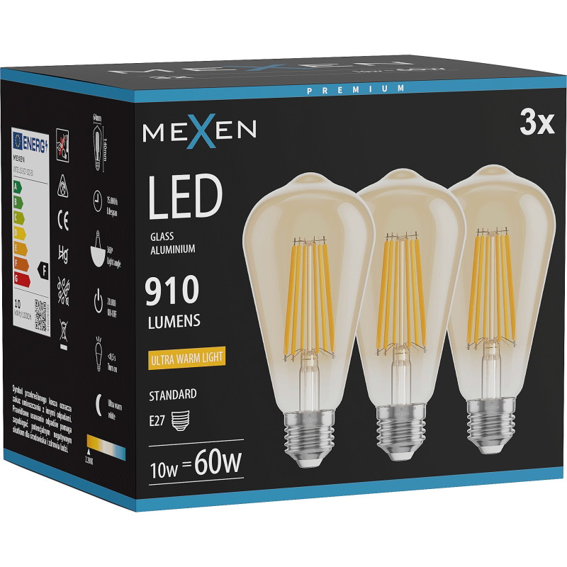 Mexen Vintis 3x Filamentti-LED-lamppu E27, ST64, 10W, Lämmin - 2200K, 910 lm, meripihka - L152-E27-1022-50x03