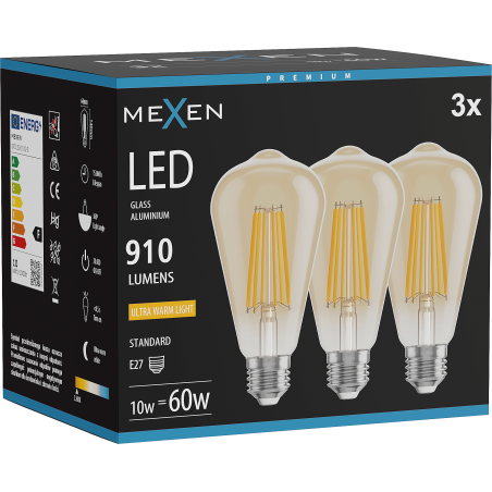Mexen Vintis 3x LED-filamentlampa E27, ST64, 10W, Varm - 2200K, 910 lm, bärnsten - L152-E27-1022-50x03