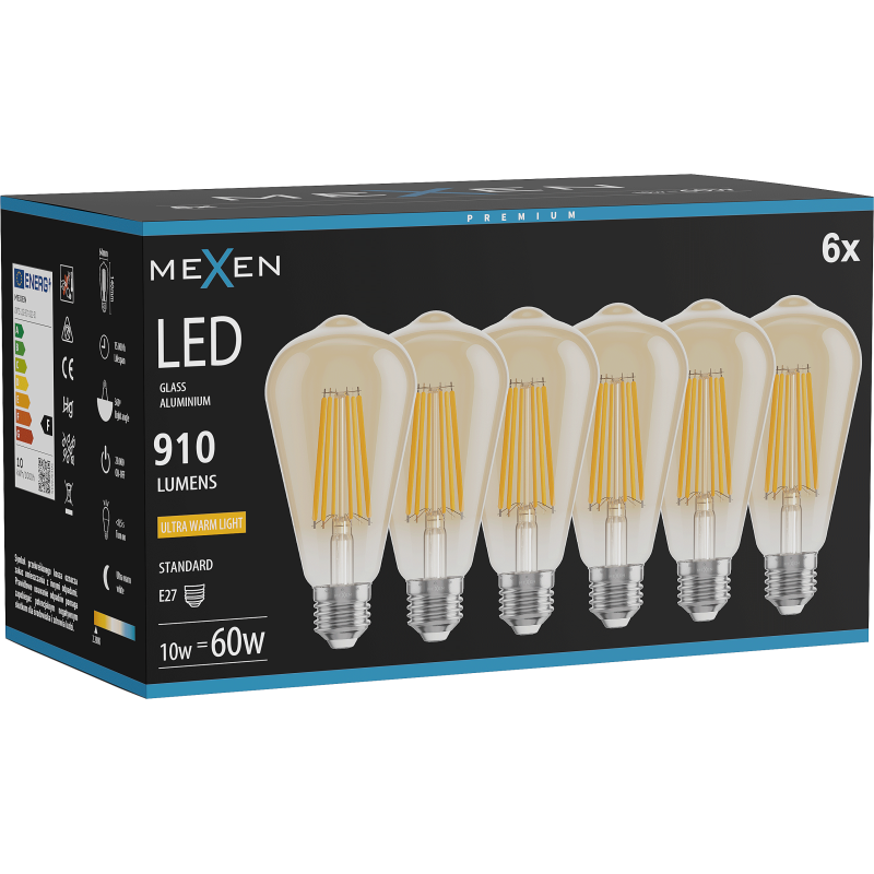 Mexen Vintis 6x LED-Filament-Lampe E27, ST64, 10W, Warm - 2200K, 910 lm, amber - L152-E27-1022-50x06