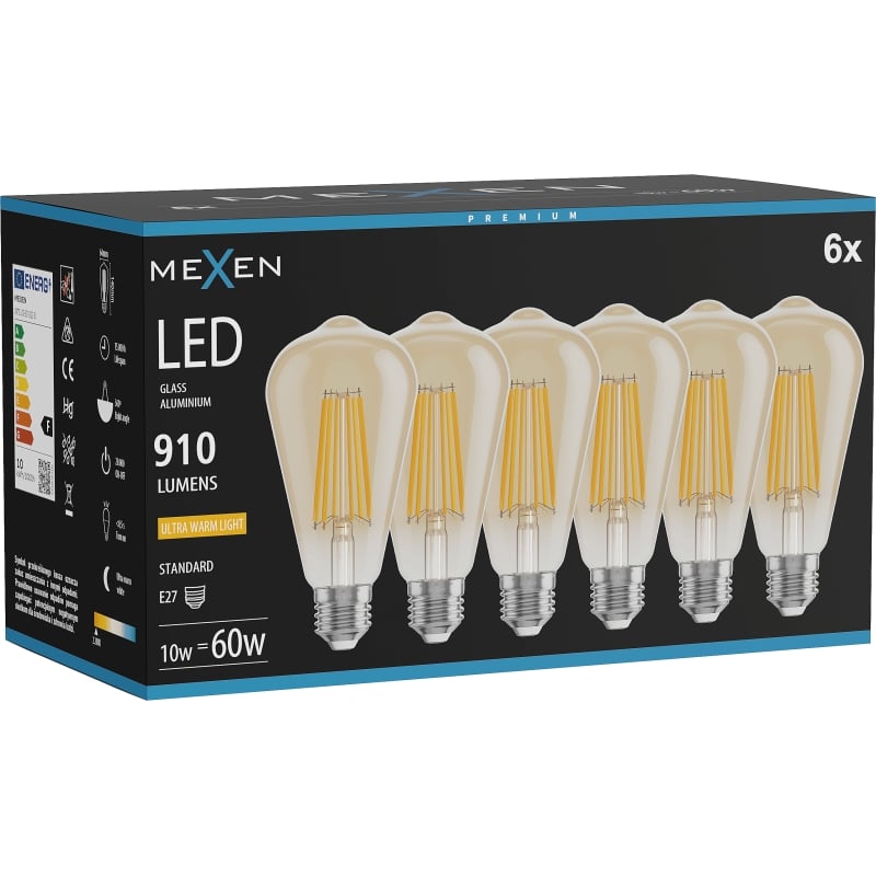 Mexen Vintis 6x LED-filamentlampa E27, ST64, 10W, Varm - 2200K, 910 lm, bärnsten - L152-E27-1022-50x06