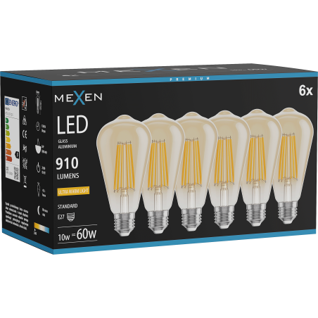 Mexen Vintis 6x Lampadina a filamento LED E27, ST64, 10W, Calda - 2200K, 910 lm, ambra - L152-E27-1022-50x06