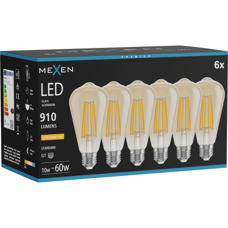 Mexen Vintis 6x LED-Filament-Lampe E27, ST64, 10W, Warm - 2200K, 910 lm, amber - L152-E27-1022-50x06