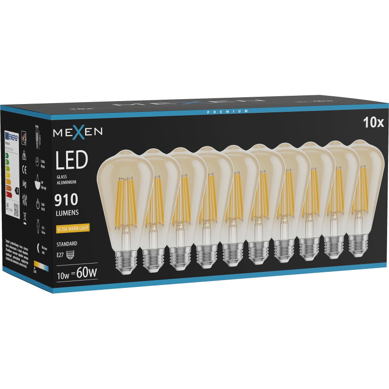 Mexen Vintis 10x LED-Filament-Glühbirne E27, ST64, 10W, Warm - 2200K, 910 lm, Amber - L152-E27-1022-50x10
