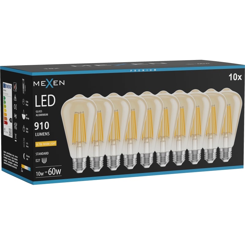 Mexen Vintis 10x LED Filamentlampa E27, ST64, 10W, Varm - 2200K, 910 lm, amber - L152-E27-1022-50x10