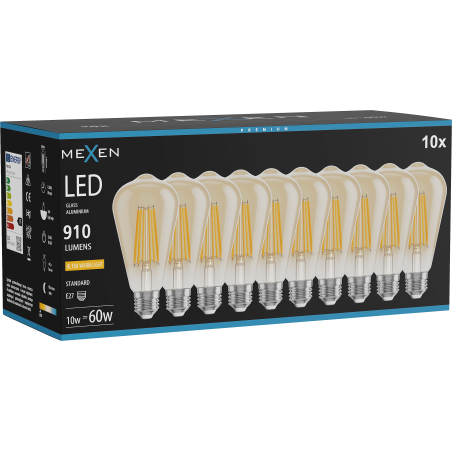 Mexen Vintis 10x LED-Filament-Glühbirne E27, ST64, 10W, Warm - 2200K, 910 lm, Amber - L152-E27-1022-50x10