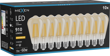 Mexen Vintis 10x LED-filamentlamp E27, ST64, 10W, Soe - 2200K, 910 lm, merev - L152-E27-1022-50x10