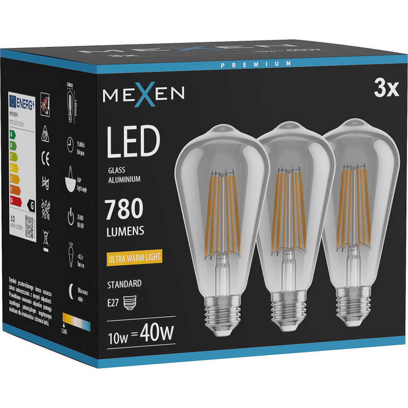 Mexen Vintis 3x LED Filament Glühbir LED E27, ST64, 10W, Warm - 2200K, 780 lm, rauch - L152-E27-1022-70x03