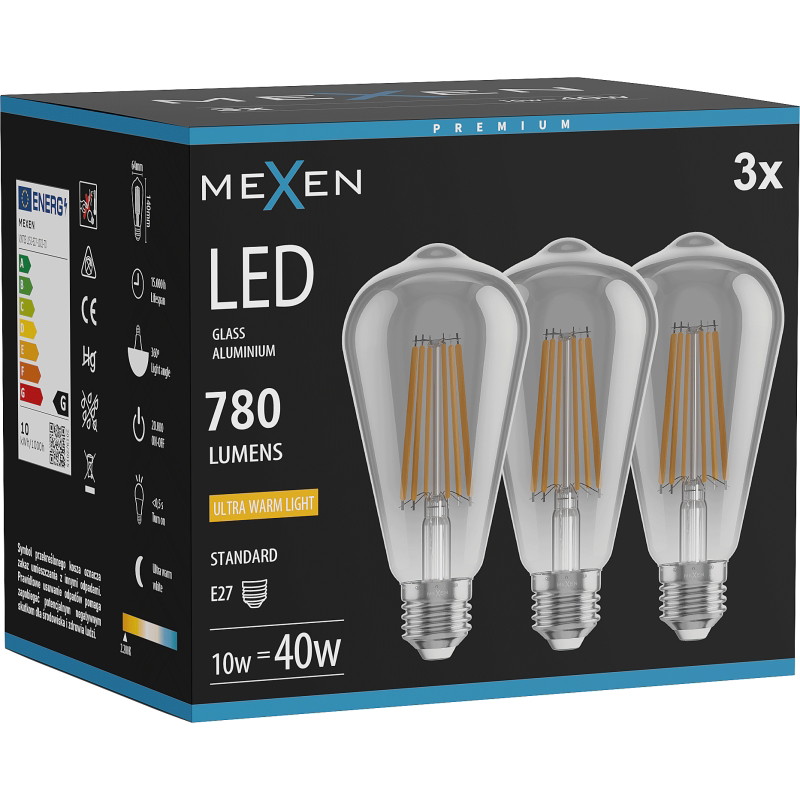 Mexen Vintis 3x LED-filamentlamp E27, ST64, 10W, Warm - 2200K, 780 lm, rook - L152-E27-1022-70x03
