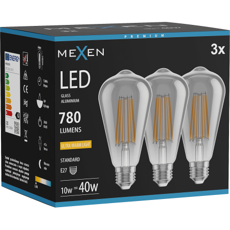Mexen Vintis 3x ampoule filament LED E27, ST64, 10W, Chaude - 2200K, 780 lm, fumée - L152-E27-1022-70x03