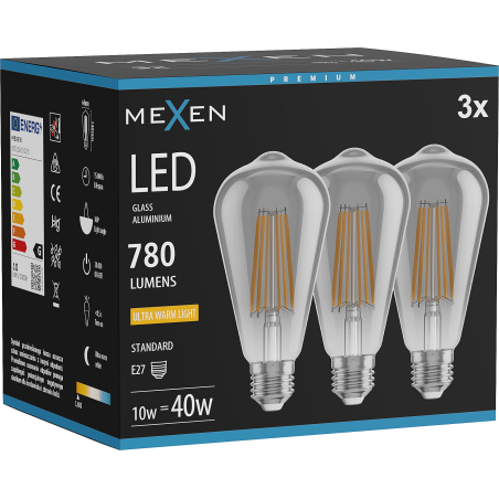 Mexen Vintis 3x Lampadina a filamento LED E27, ST64, 10W, Calda - 2200K, 780 lm, smoke - L152-E27-1022-70x03